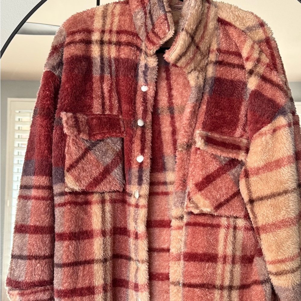 Cozy Plaid Teddy Jacket in Red and Tan